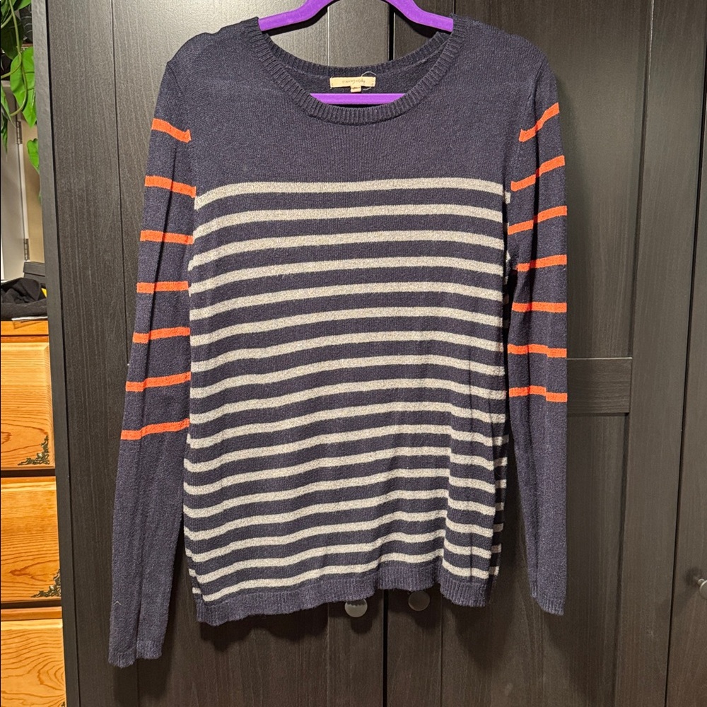 Navy Sweater with Orange and Gray Stripes
